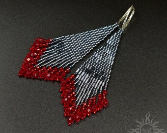 PENARI - gunmetal red dangle beadwoven fringes earrings with toho seeds and fire polish crystals on sterling silver earwires; unique