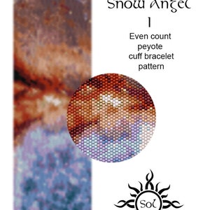 Op de afbeelding: Een kralenpatroon voor een peyote-steek armband genaamd "Celestial Snow Angel". Het patroon heeft een kleurrijk, abstract ontwerp met een close-up van de kralen in het midden.