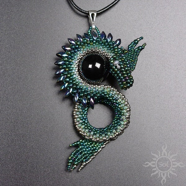 VRARIEL - emerald green silver dragon pendant with toho and miyuki seeds and black onyx; unique gift, original, handmade, fantasy