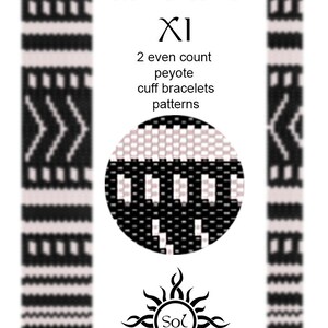 Pode incluir: Um padrão de pulseira de punho de ponto peyote em preto e branco com um design geométrico. O padrão é chamado de "Maasai XI" e é para 2 pulseiras de peyote de contagem par. O padrão é de Sol.