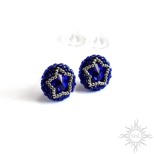 MAJESTIC BLUE II- navy blue silver stud beadwoven earrings with Swarovski crystals on sterling silver posts; unique; handmade; galaxy, space