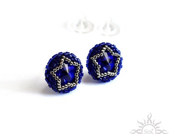 MAJESTIC BLUE II- navy blue silver stud beadwoven earrings with Swarovski crystals on sterling silver posts; unique; handmade; galaxy, space