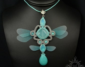 TITANIA - mint silver beadwoven filigree pendant with toho seeds, amazonite, agate and organza wings; romantic, fairy, summer, OOAK