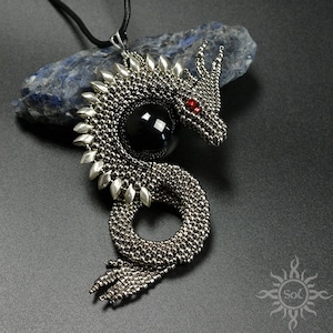 AVNESS II - old silver black dragon pendant with toho seed beads and black onyx; unique gift, original, handmade jewelry, fantasy