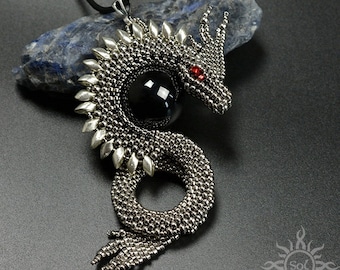 AVNESS II - old silver black dragon pendant with toho seed beads and black onyx; unique gift, original, handmade jewelry, fantasy