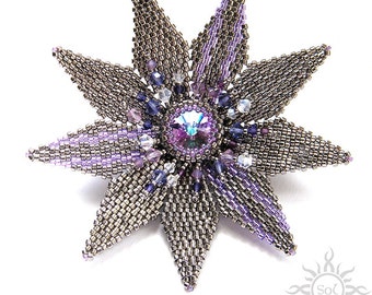 NORTH STAR - old silver violet beaded brooch with Swarovski crystals; unique handmade, original, handmade jewelry, handmade gift