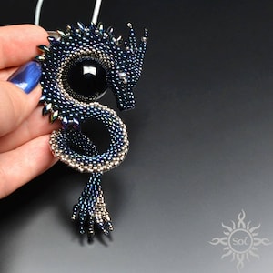 FENRANN - nebula silver dragon pendant with toho and miyuki seeds and black onyx; unique gift, original, fantasy, summer, handmade jewelry