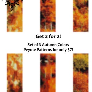 May include: Set of three peyote stitch beading patterns featuring autumn colors. The patterns are for sale for $7. Get 3 for 2!