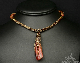 FHOGHAIR - bronze orange elvish beadwoven necklace with aura quartz and hematite; unique; OOAK; romantic jewelry; handmade; autumn; bud