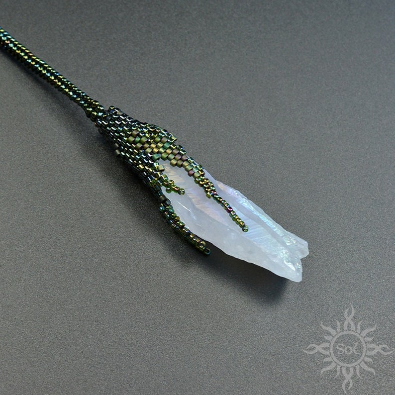 DRUID JEWEL green elvish embroidered necklace with labradorite, aura quartz and hematite beadwork unique OOAK free shipping image 8