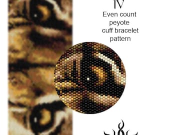 Eyes of the Lioness IV - even peyote cuff beaded bracelet pattern; tutorial, pdf file, animal, lion, african, ethno, jungle style, unisex