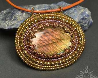 TARDOR - embroidered amber pink labradorite medallion pendant on leather strap; romantic, summer, spring, autumn, OOAK, filigree, handmade