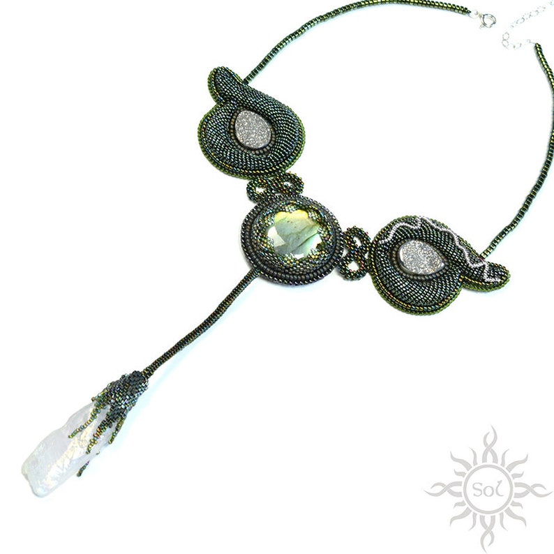 DRUID JEWEL green elvish embroidered necklace with labradorite, aura quartz and hematite beadwork unique OOAK free shipping image 3