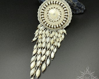 FUMELA - cream pastel bead embroidered fringes shell pendant on leather strap; boho pendant, ethnic, ethno, summer jewelry, OOAK