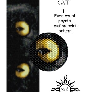 Pode incluir: Um padrão de pulseira de punho de ponto peyote preto e dourado com os olhos de um gato. O padrão chama-se "Eyes of the Cat" e é um padrão de contagem par. O padrão foi desenhado por Sol.