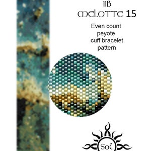 May include: A beading pattern for a cuff bracelet called "Heart Nebula III B Melotte 15". The pattern is for an even count peyote stitch bracelet. The image shows a close-up of the pattern, a full-color image of the finished bracelet, and a logo with the word "Sol".