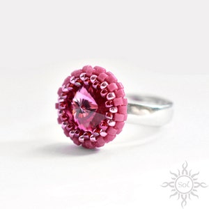 FUCHSIA - rosa Fuchsia Perlen Ring mit Toho und Miyuki Samen und Swarovski-Kristall auf Sterling Silberband