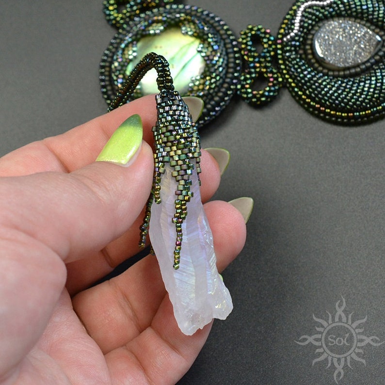 DRUID JEWEL green elvish embroidered necklace with labradorite, aura quartz and hematite beadwork unique OOAK free shipping image 9