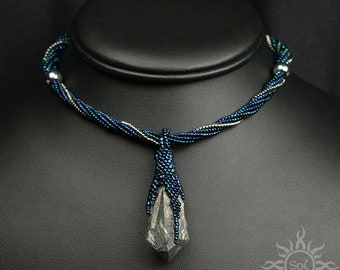 VINVELI II - dark blue old silver beadwoven necklace with aura quartz and hematite; unique; OOAK; romantic jewelry; handmade; handcrafted