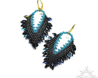 DERVEN - black blue dragon earrings with toho and miyuki seeds; unique gift, original, handmade, fantasy