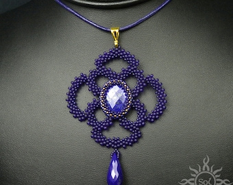 SAFAIA - dark blue beadwoven filigree pendant with lapis lazuli; beadwork; unique; handmade; OOAK; romantic, sapphire, gift for her