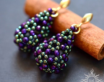 Filigree green purple beadwoven earrings with natural hematite on gold plated silver posts; unique, handmade, original, romantic