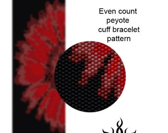 Red Gerbera I - even peyote cuff beaded bracelet pattern; tutorial, pdf file, 7 colours only