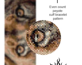 Eyes of the Lioness I - even peyote cuff beaded bracelet pattern; tutorial, pdf file, animal, lion, african, ethno, jungle style, unisex