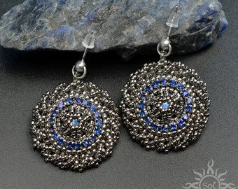 Vathéos - embroidered silver blue oriental mandala filigree earrings with labradorite and sterling silver; handmade; handcrafted; OOAK