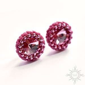 LIGHT ROSE - pink fuchsia stud beaded earrings with toho and miyuki seeds and Swarovski crystals on sterling silver posts
