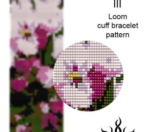 Apple Blossoms III - loom cuff beaded bracelet pattern; tutorial, pdf file, 10 colors only; floral design, romantic bracelet, pink flower