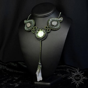 DRUID JEWEL green elvish embroidered necklace with labradorite, aura quartz and hematite beadwork unique OOAK free shipping image 1