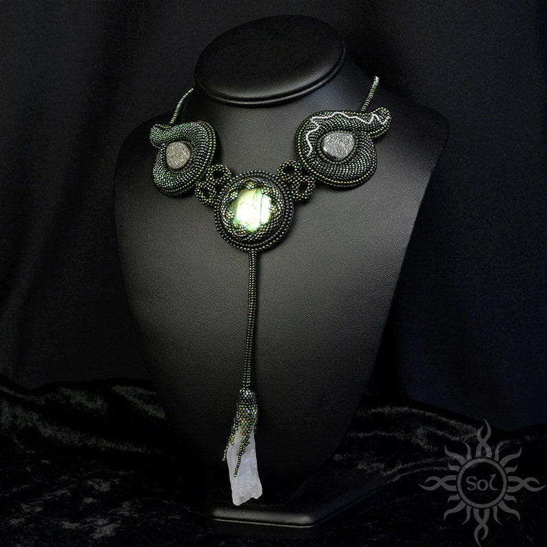 DRUID JEWEL green elvish embroidered necklace with labradorite, aura quartz and hematite beadwork unique OOAK free shipping image 1