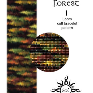 Puede incluir: Un patrón de brazalete de puño de telar llamado "Bosque de otoño" con un diseño colorido de naranja, amarillo, verde y marrón. El patrón se muestra en un círculo pequeño y un rectángulo más grande. El patrón está diseñado por Sol.