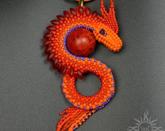 CAVRENOS - orange red violet dragon pendant with toho and miyuki seeds and red coral; unique gift, original, handmade, fantasy, fire pendant