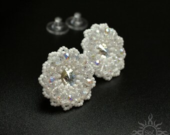 BLANCHE - matte white beadwoven wedding earrings with swarovski crystals on sterling silver posts; wedding jewelry,unique handmade