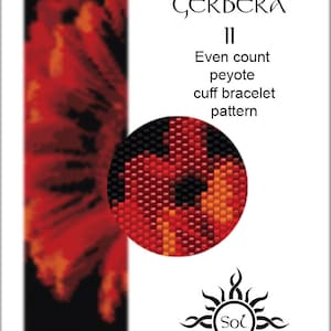 Red Gerbera II - even peyote cuff beaded bracelet pattern; tutorial, pdf file, 8 colours only