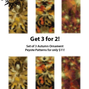 May include: Set of three autumn-themed peyote stitch ornament patterns. The patterns feature a variety of fall colors, including orange, yellow, red, and brown. The patterns are available for only $11.