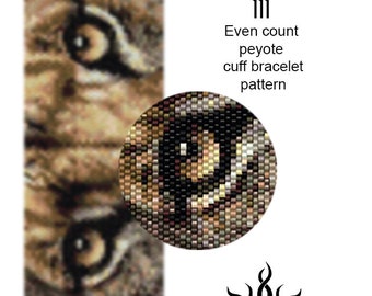 Eyes of the Lioness III - even peyote cuff beaded bracelet pattern; tutorial, pdf file, animal, lion, african, ethno, jungle style, unisex