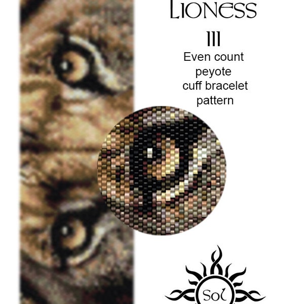 Ojos de la Leona III- incluso patrón de brazalete con cuentas de peyote; tutorial, archivo pdf, animal, león, africano, etno, jungla, unisex