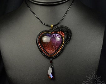 Galactic Fire-embroidered black rainbow ombre cosmic resin pendant on leather strap; OOAK, handmade, galaxy, heart pendant, valentine's day