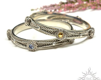 Rainbow old silver beadwoven bangle bracelets with toho seeds, Swarovski and fire polish crystals; unique gift, original, handmade jewelry