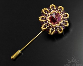 AMETHYST - violet tissée en perles or broche (pin) avec cristal de Swarovski ; bijoux uniques fait à la main, original, fait à la main, cadeau fait main