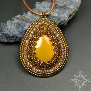 NIDHI embroidered amber mookaite teardrop pendant on leather strap romantic, unique, summer pendant, OOAK, filigree, autumn, handmade image 1