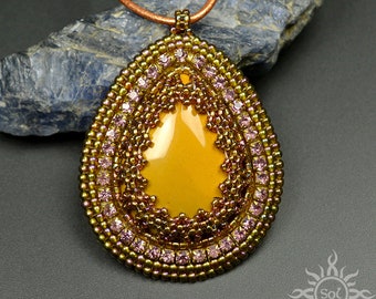 NIDHI - embroidered amber mookaite teardrop pendant on leather strap; romantic, unique, summer pendant, OOAK, filigree, autumn, handmade