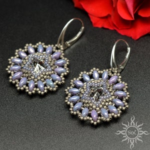 FORN- beadwoven old silver lavender mandala earrings with swarovski crystals on sterling silver; summer; pastel; handcrafted; romantic; star