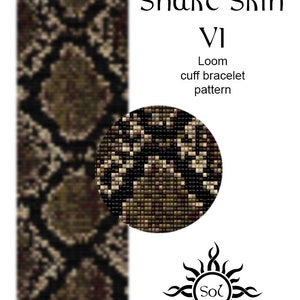 May include: A loom cuff bracelet pattern called "Snake Skin VI" with a black, brown, and beige snake skin pattern. The pattern is shown in a circle and a long strip. The pattern is designed by Sol.