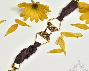 VASAROS - brown gold boho bracelet with toho and miyuki seeds and hand dyed silk ribbon; unique handmade, original, boho, silk bracelet
