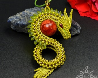 EDIRINTH - olive green dragon pendant with toho and miyuki seeds and red coral; unique, fantasy, summer, spring, woodland, forest, handmade