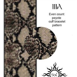 May include: A beaded bracelet pattern featuring a snake skin design. The pattern is called "Snake Skin IIIa" and is an even count peyote cuff bracelet pattern. The pattern is designed by Sol.